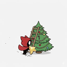 a cartoon illustration of a black cat on a ladder decorating a christmas tree