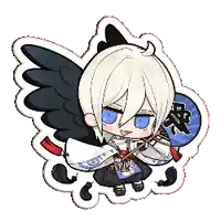 a cartoon character with white hair and black wings is holding a fan .