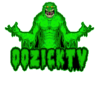 a logo for oozick tv with a green monster and the words oozick tv