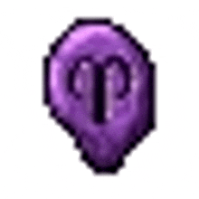 a pixel art of a purple balloon with the letter p written on it .