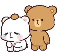 two teddy bears are standing next to each other one is crying