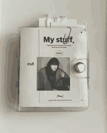 a clear case with a picture of a girl and the words my stuff cut