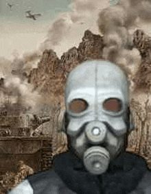 a man wearing a gas mask is standing in front of a painting of a destroyed city .