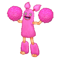 a pink cartoon character is cheering with two pink pom poms