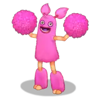 a pink cartoon character is cheering with two pink pom poms