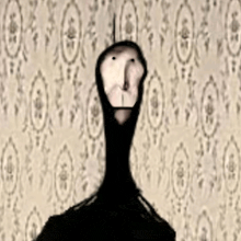 a black and white drawing of a person with a long neck standing in front of a wall with a patterned wallpaper .