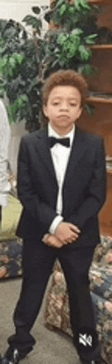 a young boy wearing a tuxedo and bow tie is standing in front of a plant .