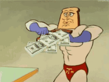 a cartoon character with a slice of bread on his head is holding stacks of money .