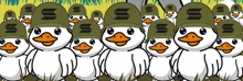 a bunch of cartoon ducks wearing military hats with the letter s on them