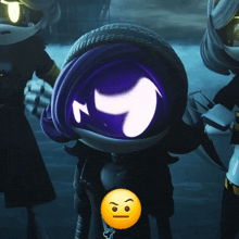 a cartoon character with a purple head and a yellow face with an angry expression on it