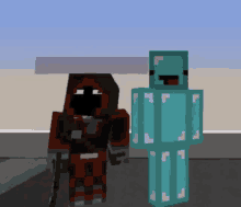 two minecraft characters are standing next to each other and one has a hood on