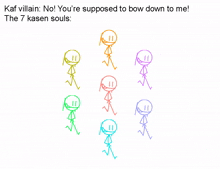 a drawing of stick figures with a caption that says " kaf villain no! you 're supposed to bow down to me