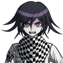 a cartoon character with purple hair is wearing a black and white checkered scarf around his neck