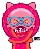 a cartoon drawing of a cat with glasses and the word put # s in its mouth