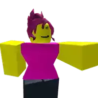 a yellow cartoon character with a pink shirt and purple hair