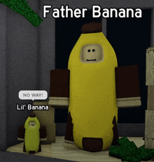 a video game character named father banana standing next to a smaller banana