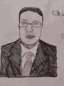 a drawing of a man in a suit and tie with glasses