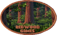 a sign that says redwood games with a picture of trees