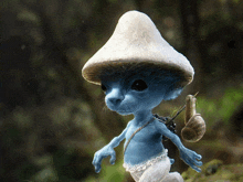 a blue smurf with a mushroom hat and a snail on its back