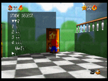 a video game screen shows a stage select screen with mario standing in front of a door