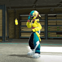 a video game character is standing in a warehouse holding a sword