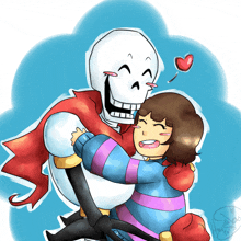 a drawing of a skeleton carrying a girl with a heart behind them