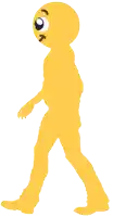 a yellow cartoon character with a big eye and a slight smirk on his face