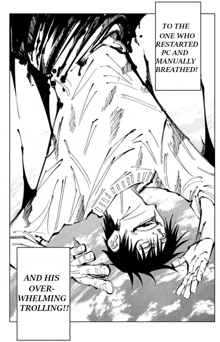 a black and white drawing of a man laying on his back with the words to the one who restarted his life manually breathed .