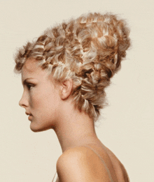 a woman with a braided bun on her head looks at the camera