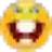 a pixel art of a yellow smiley face with a red mouth and green eyes .