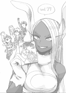 a black and white drawing of a girl holding a book with a speech bubble saying vol 27