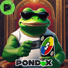 a frog wearing sunglasses is holding a uno card in front of a pond x sign