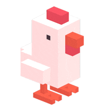 an isometric chicken with red feet and a red block on its head