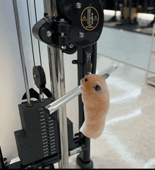 a hamster is hanging from a machine that has a warning sign