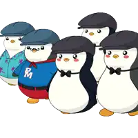 a group of penguins wearing hats with the letter pm on their shirts