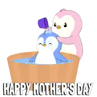 a happy mother 's day greeting card with two penguins in a wooden tub