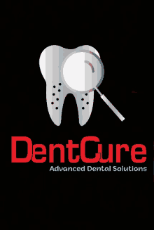 a logo for dentcure advanced dental solutions shows a tooth and a magnifying glass