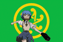 a girl in a school uniform is holding a baseball mitt