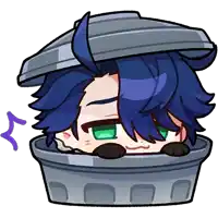 a cartoon character with blue hair and green eyes is laying in a garbage can