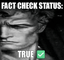 a black and white photo of a statue of a man with a check mark next to him .