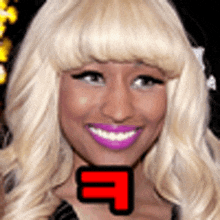 a woman with blonde hair and purple lipstick is smiling with a red letter f on her face .