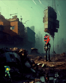 a robot with a red head is standing in a pile of rubble