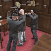 a group of men are standing in a room and one of them has the name adam written on his shirt