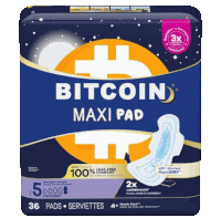 a package of bitcoin maxi pads with 36 pads and serviette