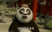 a panda bear with a surprised look on his face and the word whoaaa on the bottom