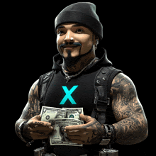 a man in a black shirt with a blue x on it is holding a dollar bill