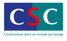 a blue and white logo with the letters csc in red