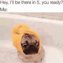 a pug dog wearing a yellow towel on its head is sitting in a bathtub .