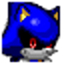 a pixel art of a blue sonic the hedgehog with a red eye and a yellow triangle on its head .