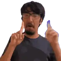 a pixelated image of a man wearing glasses pointing up